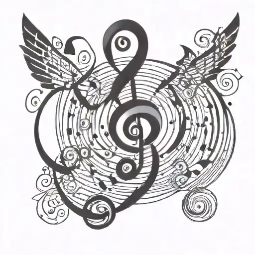 Swirling Design With Geometric Shape In Middle And Music Notes Flowing
