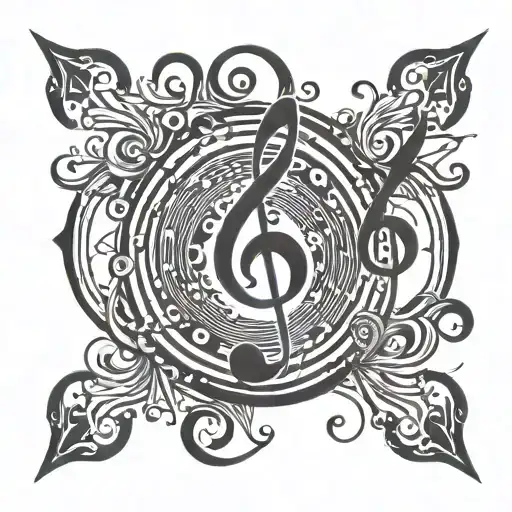 Swirling Design With Geometric Shape In Middle And Music Notes Flowing