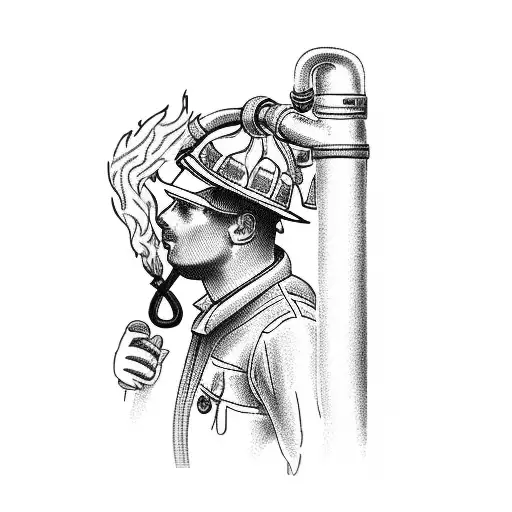 Profile View Of Firefighter Holding A Fire Hose That Is Issuing Flame