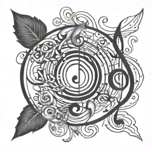 Swirling Design With Geometric Shape In Middle And Music Notes Flowing Round Shape