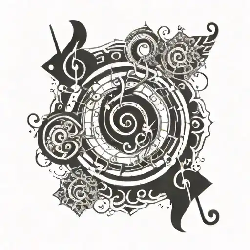 Swirling Design With Geometric Shape In Middle And Music Notes Flowing Round Shape