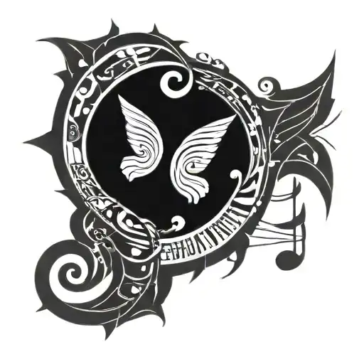 Swirling Design With Geometric Shape In Middle And Music Notes Flowing Round Shape