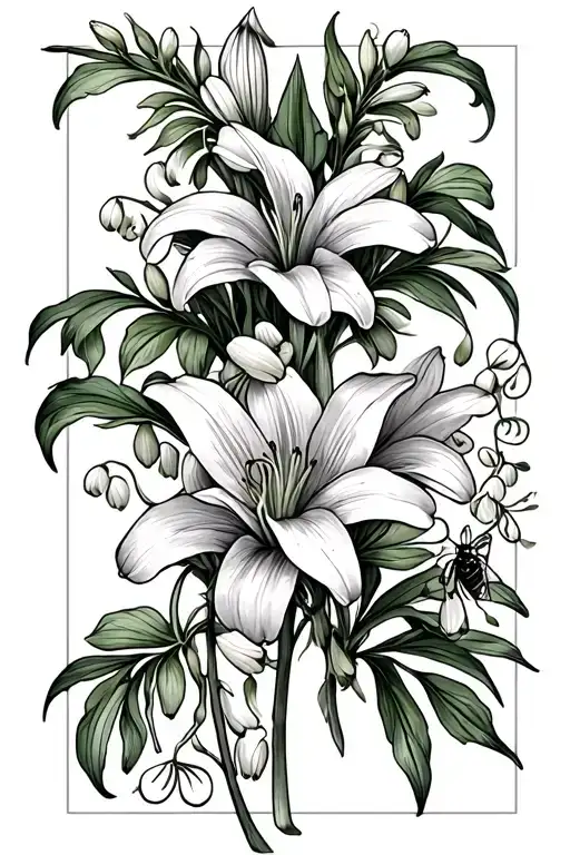 Upper Thigh Tattoo Lily Of The Valley Bouquet With Small Wasps