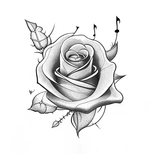 Black Rose With Stem And Thorns With Music Notes