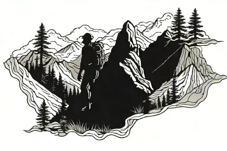 Hiker In Front Of Mountain Range Silhouette