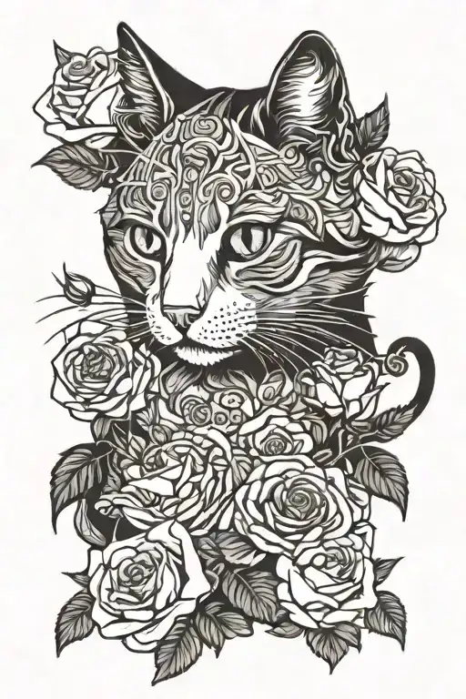 Cat Playing And Roses Intertwined