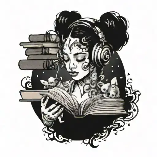 Black Gaia With Headphones And Books Surrounded