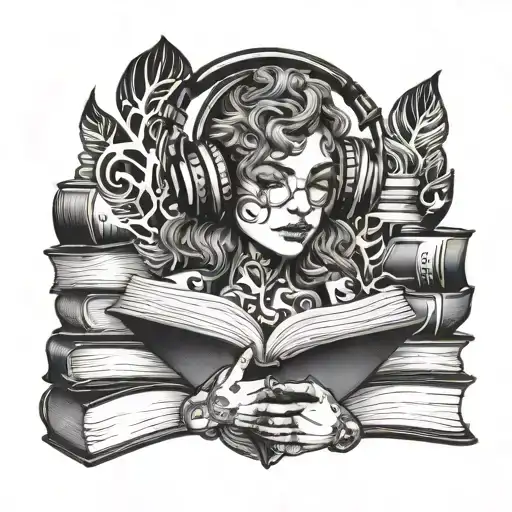 Black Gaia With Headphones And Books Surrounded