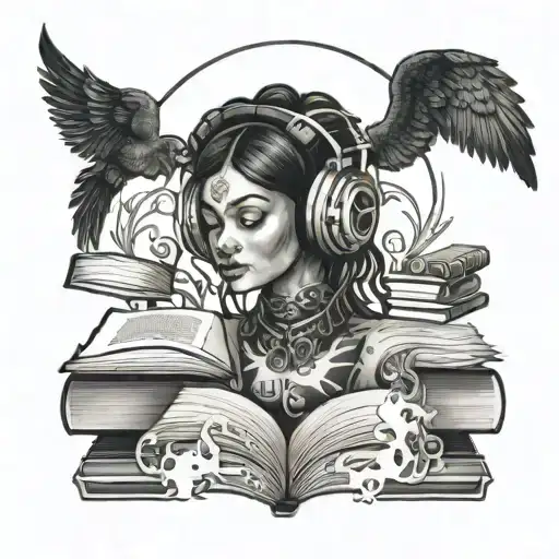 Black Gaia With Headphones And Books Surrounded