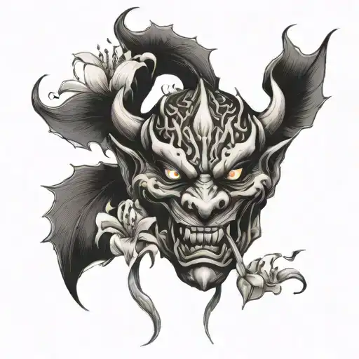 Dragon Demon Oni Mask Embedded In Lillies