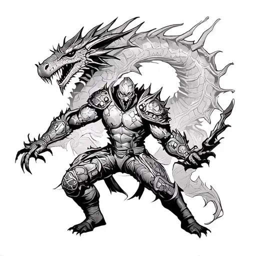 Doom Slayer With A Dragon Behind Him Killling A Demon