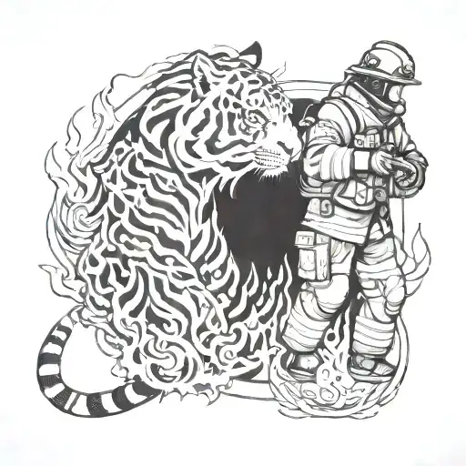 Firefighter And Fire And Tiger Exiting The Fire Flames