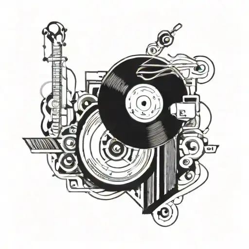 A Music-themed Tattoo Incorporating Elements Of Vinyl Records And Gaming Symbols