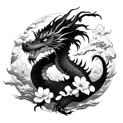 Dragon With Cherry Blossoms And Clouds Surrounding