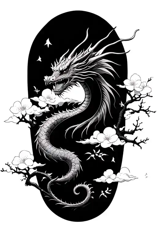 Dragon With Cherry Blossoms And Clouds Surrounding