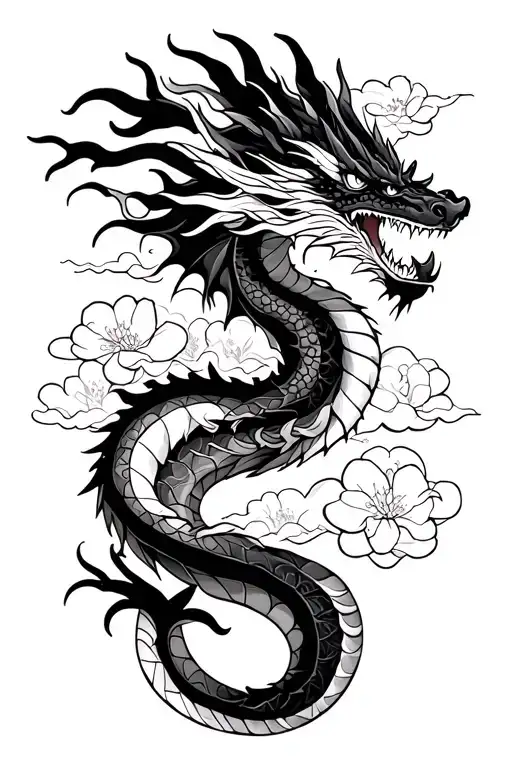 Dragon With Cherry Blossoms And Clouds Surrounding