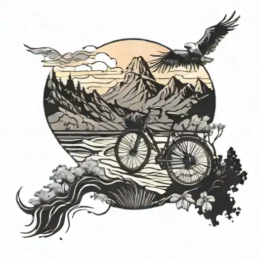A Mountain Landscape With A Winding Bike Trail Leading To A Beach Sunset