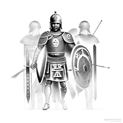 A Roman Warrior In Full Armor Leading A Legion Of Soldiers