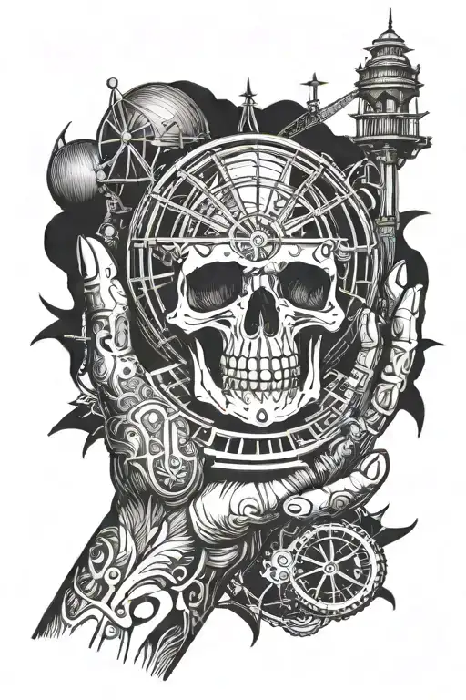 Skeleton Hand Holding Crystal Ball With Ferris Wheel Inside