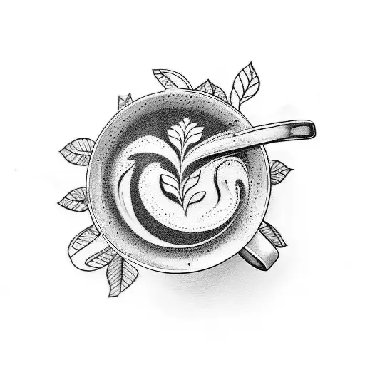 Create A Tattoo Featuring A Serene Outdoor Scene With A Cup Of Coffee As A Focal Point