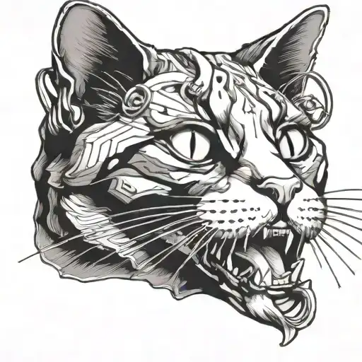 Cat Head With Tongue Hanging Out With Piercings In Rock Style