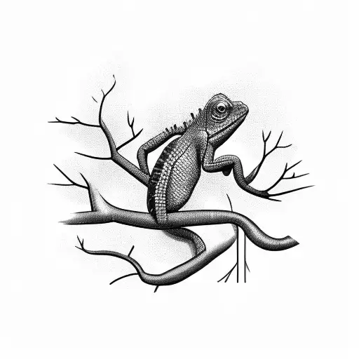 A Chameleon Crawling On A Tree Branch With Intricate Leaf Patterns