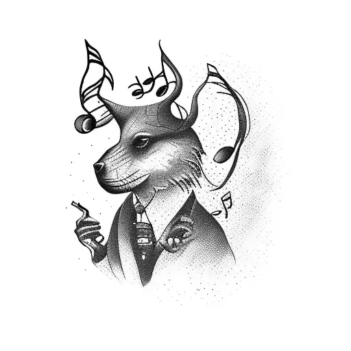 A Surrealistic Blackwork Tattoo Of A Smoking Animal Surrounded By Music Notes