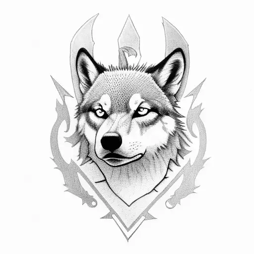 A Gothic Soldier With A Wolf Companion In A Blackwork Style