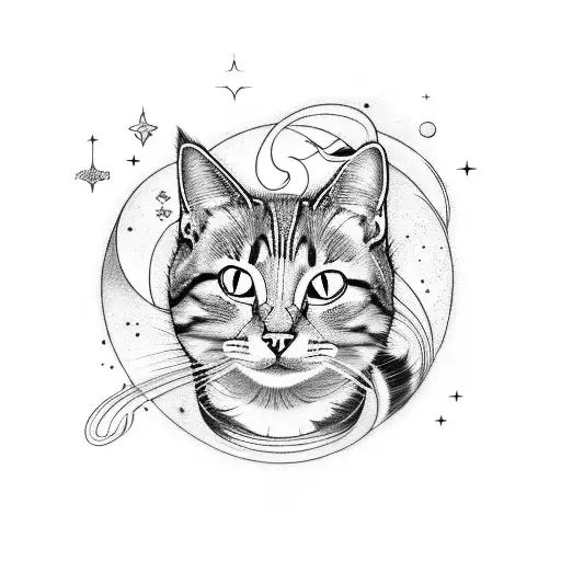 A Mystical Cat Surrounded By Swirling Stars And Moons