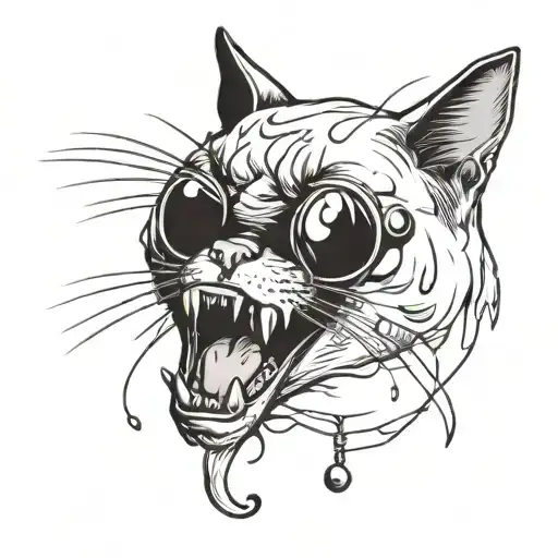 Cat Head With Tongue Hanging Out With Piercings In Rock Style