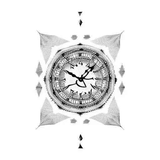 A Detailed Blackwork Tattoo Of A Fragmented Clock With Intricate Tribal Patterns