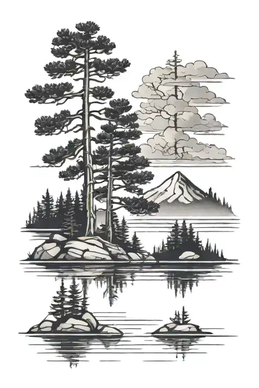 Pine Tree Shoreline On A Lake