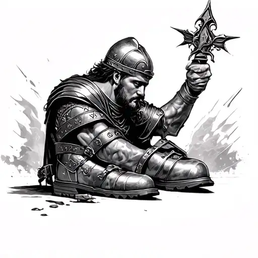 Roman Soldier Head Down With Lighting Boots Coming From Finger Tips