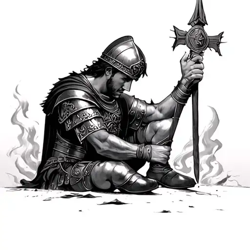 Roman Soldier Standing With His Head Down With Lighting Boots Coming From Finger Tips