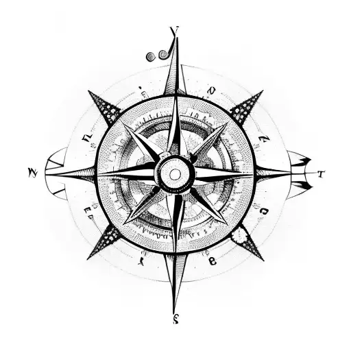 An Intricate Blackwork Design Of A Compass Integrated With A Mountain Landscape