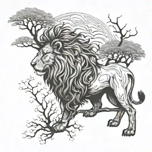 Lion Coming Out Of The Forest With The Tree Of Life As His Mane