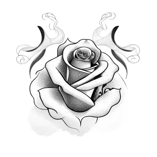 An Abstract Blackwork Design Featuring A Stylized Grim Reaper And Roses Intertwined