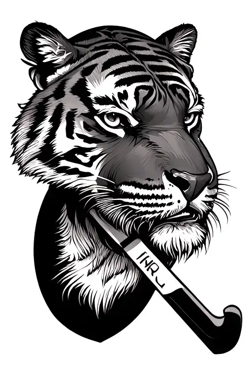 Tiger Head Profile Holding A Hockey Stick