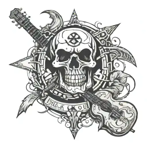 Angry Skull And Cross Guitars Behind It And Skull Has Peace Logo On Its Forehead