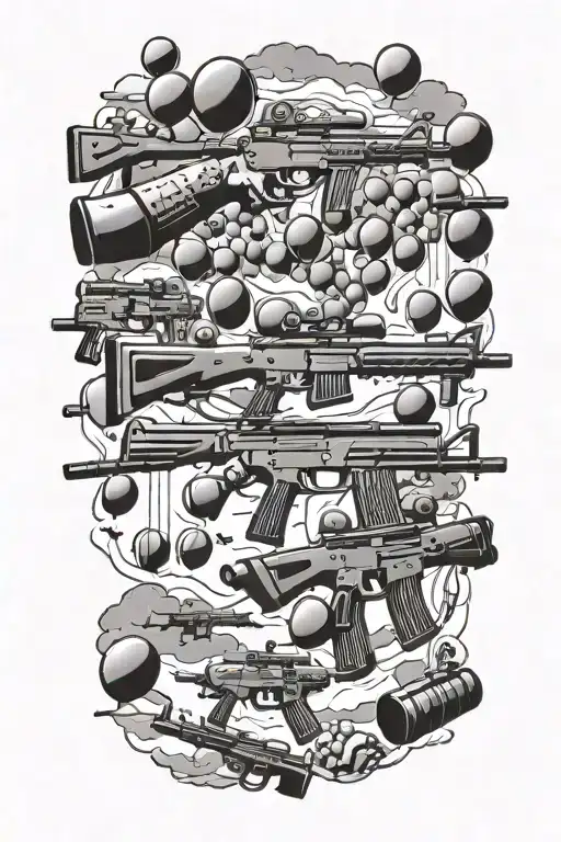 A Surreal Scene Of A Shooting Range With Ar 15 Rifles Floating In The Sky Like Balloons