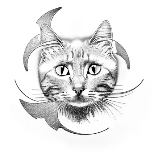 Cat Silhouette On Crescent Moon With Leo Constellation