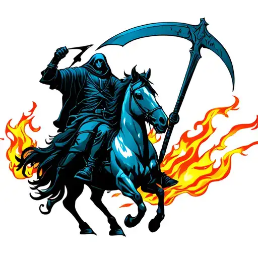Reaper Holding A Scythe Riding A Horse And Flames With Mi Blue