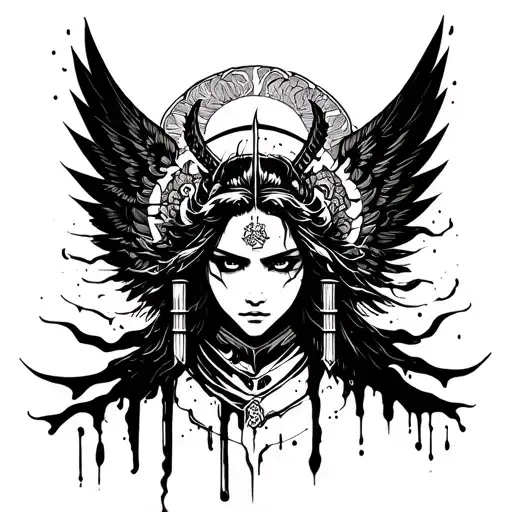 Samurai Sword Angel Face Wings Sun Blood 4K Tattoo Design