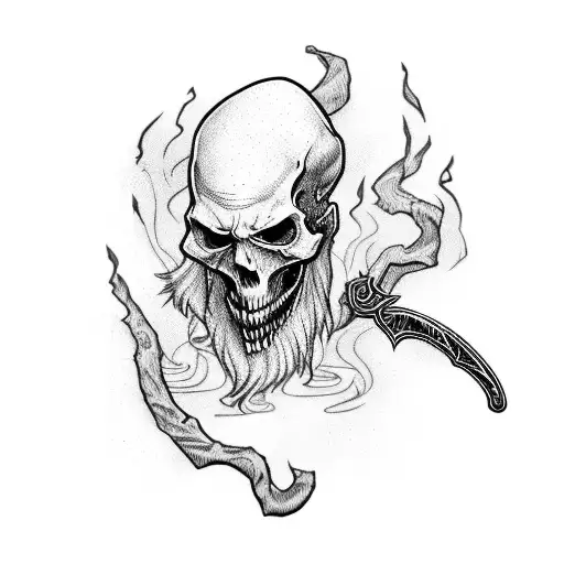 A Hauntingly Beautiful Wizard With A Scythe In A Blackwork Style