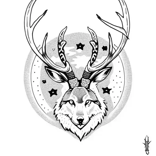 Jackalope With A Wolf And A Cresent Moon With Stars