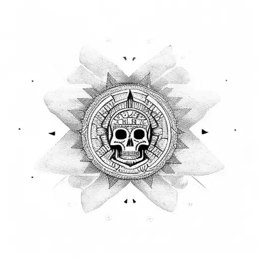 Dotwork Tattoo Of An Aztec Sunstone Surrounded By Skulls