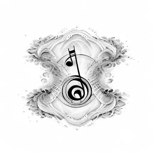 A Detailed Blackwork Tattoo Of A Music Note Transforming Into Crashing Waves At The Beach