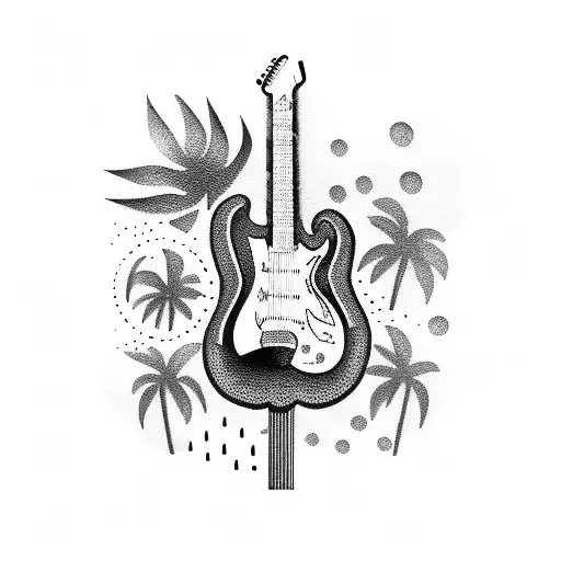 A Dotwork Tattoo Of A Guitar Surrounded By Palm Trees And Ocean Waves