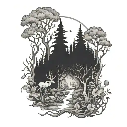 A Hauntingly Beautiful Forest Scene With Eerie Creatures Lurking In The Shadows