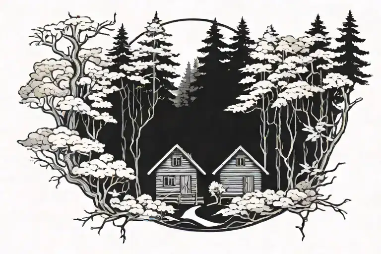 Dark Forest With A Wooden House